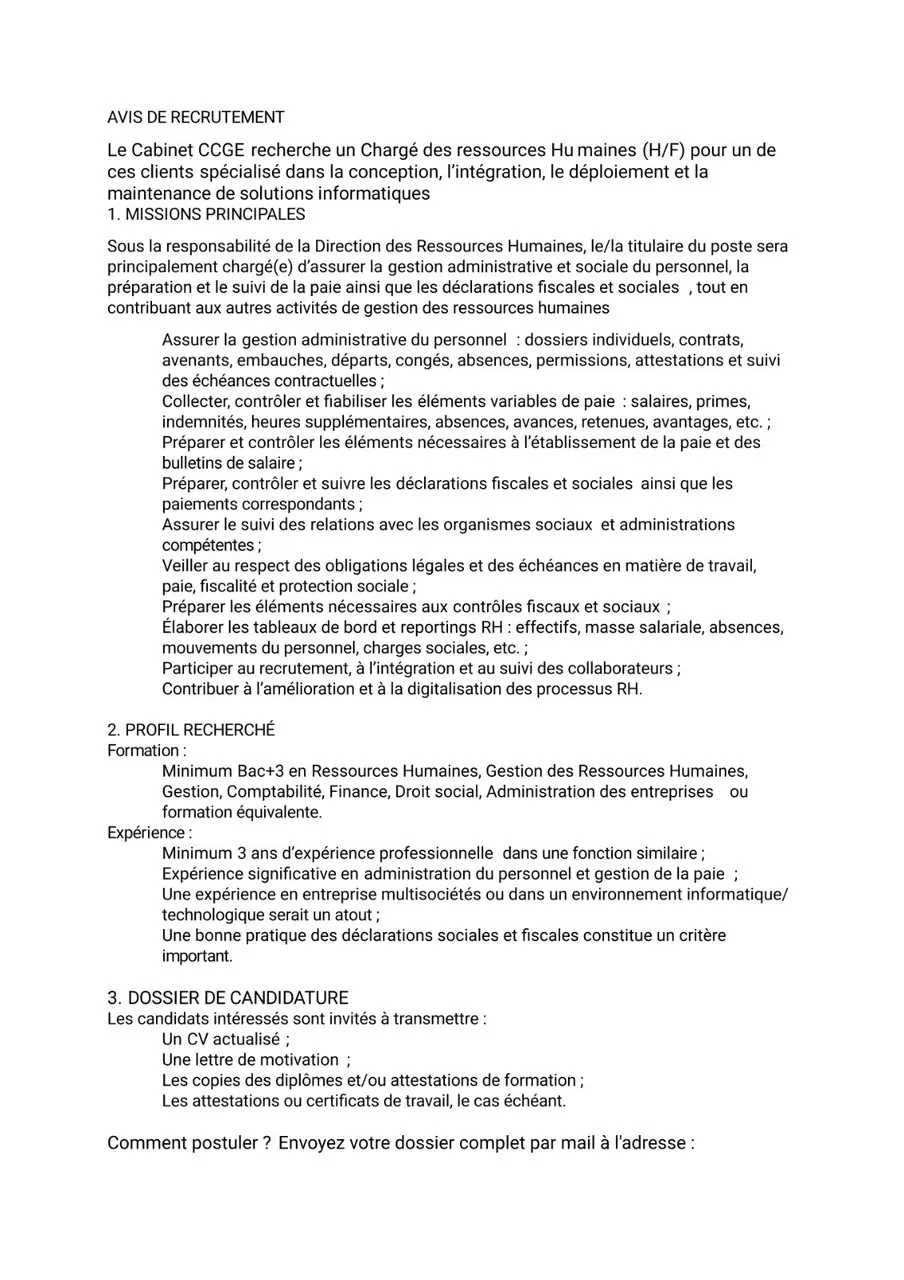 Offre d'emploi RECRUTEMENT D'UN RH (H/F)