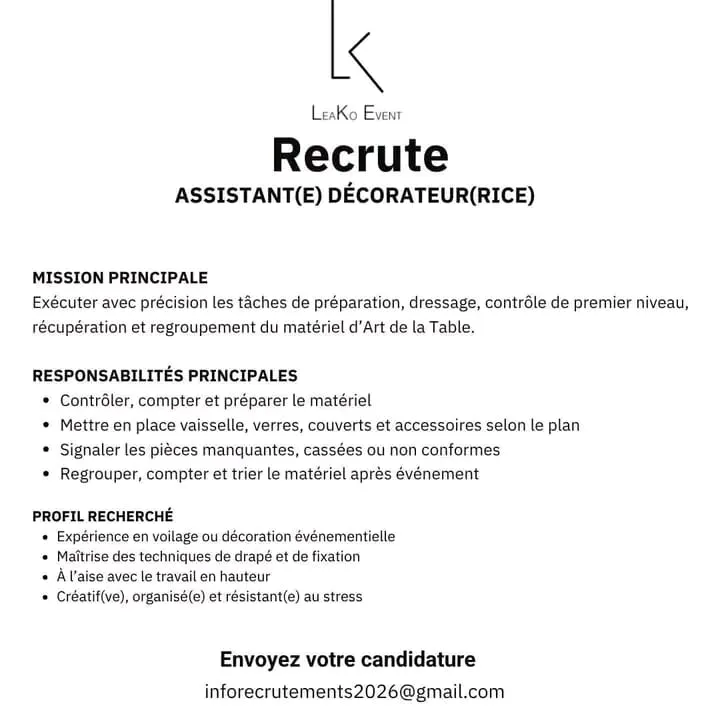 RECRUTEMENT ASSISTANT DECORATEUR (H/F)