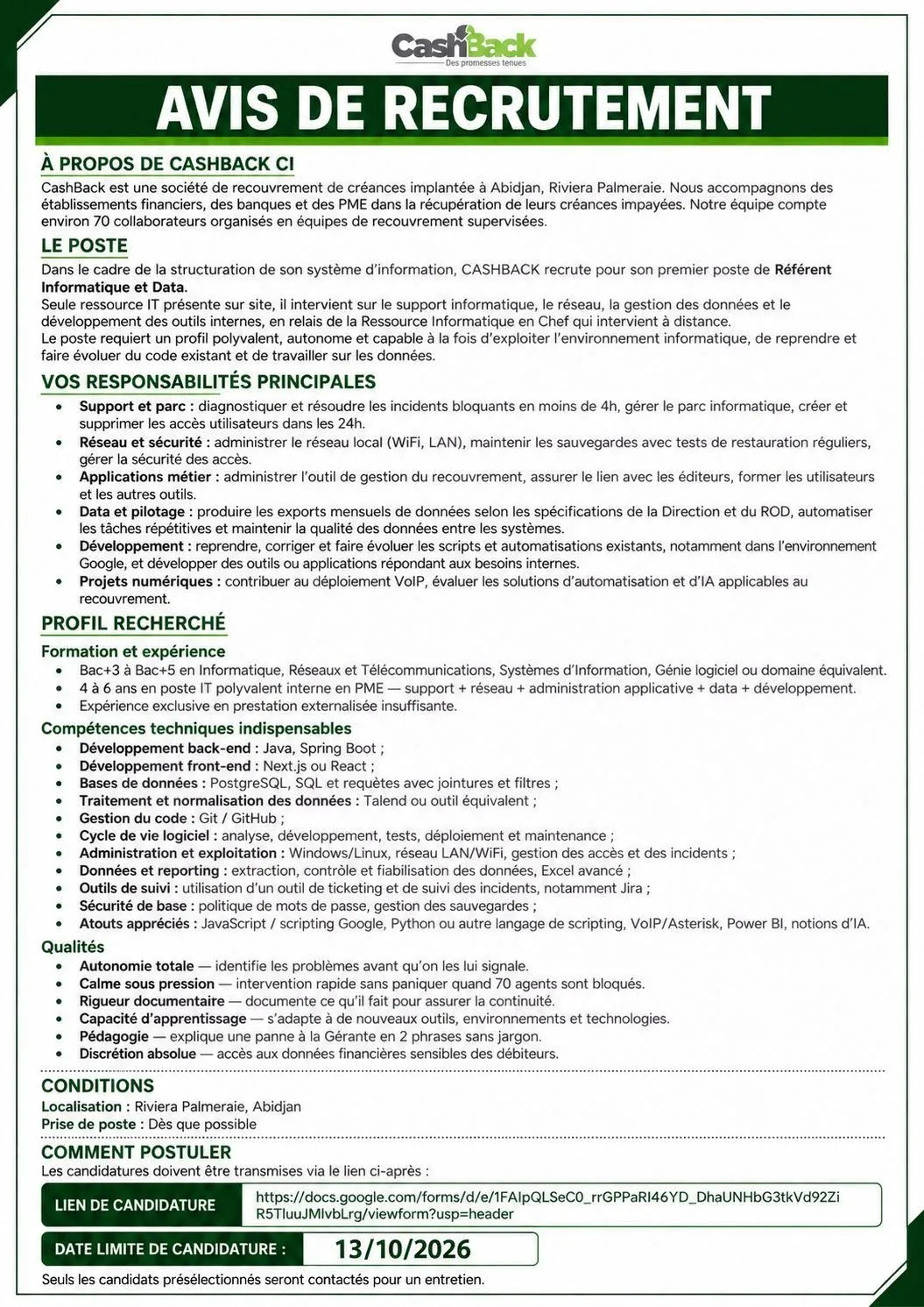RECRUTEMENT REFERANT INFORMATIQUE ET DATA