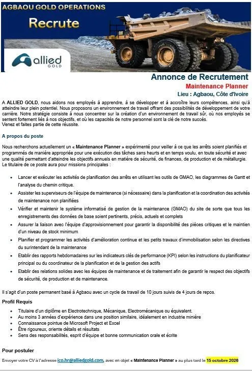 Offre d'emploi RECRUTEMENT D'UN MAINTENANCE PLANNER