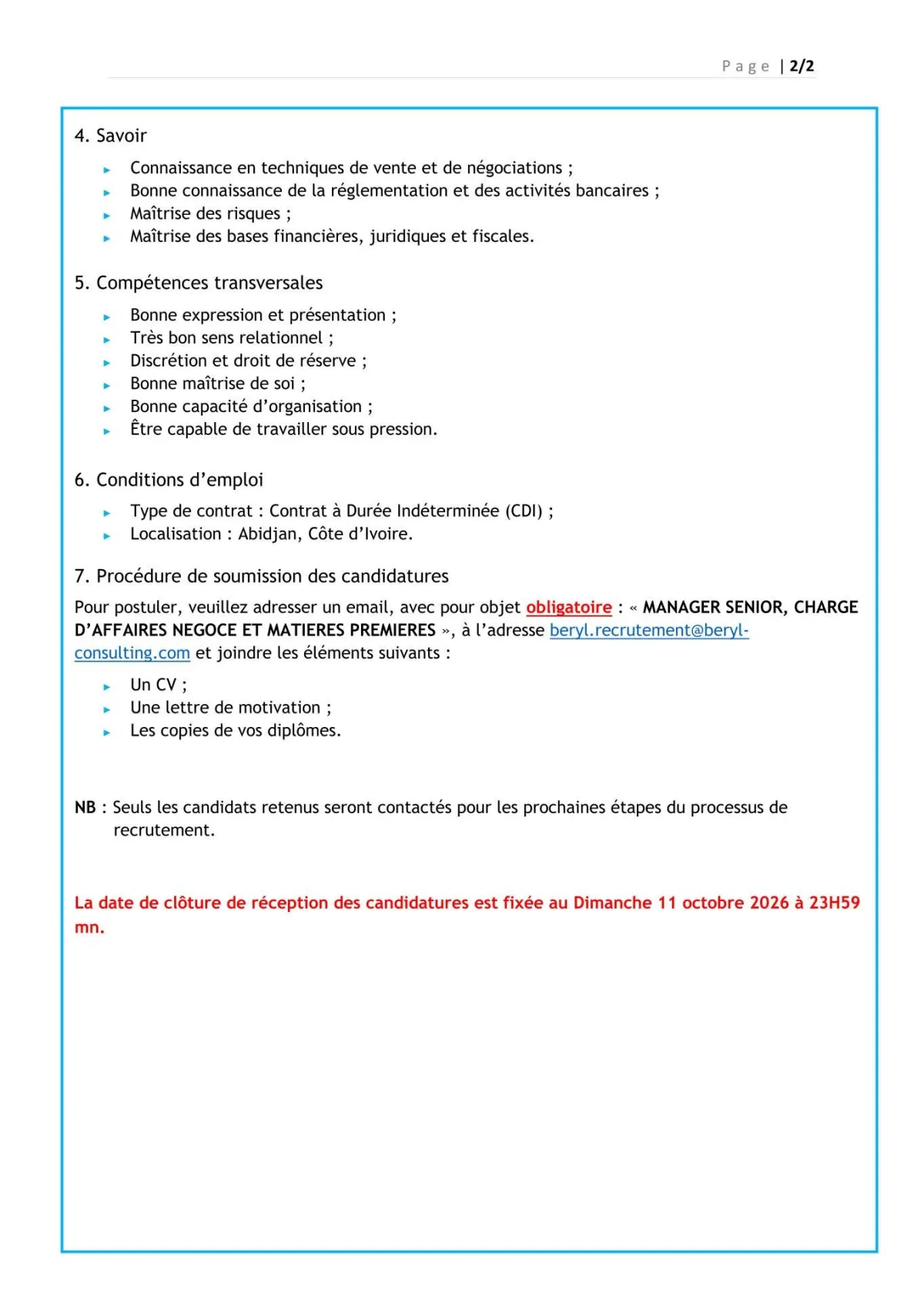 MANAGER SENIOR, CHARGE D’AFFAIRES NEGOCE ET MATIERES PREMIERES
