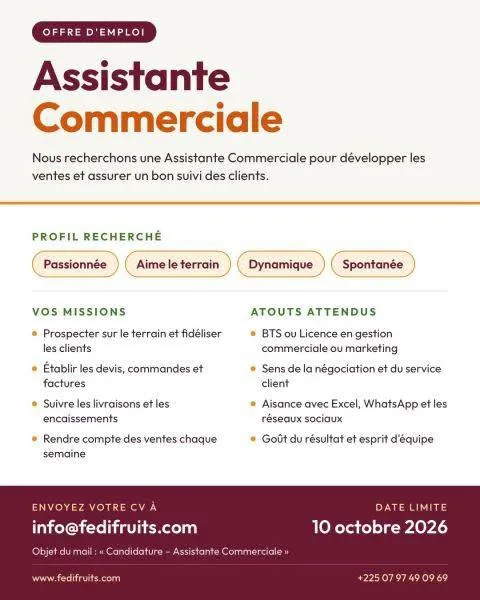 RECRUTEMENT D'UNE ASSISTANTE COMMERCIALE