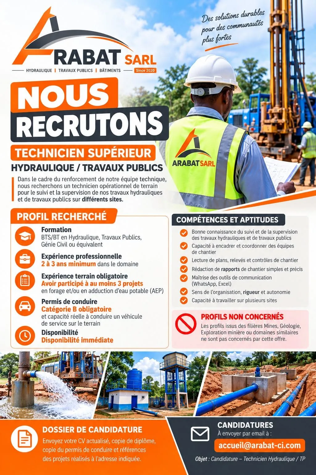 RECRUTEMENT – TECHNICIEN HYDRAULIQUE / TRAVAUX PUBLICS