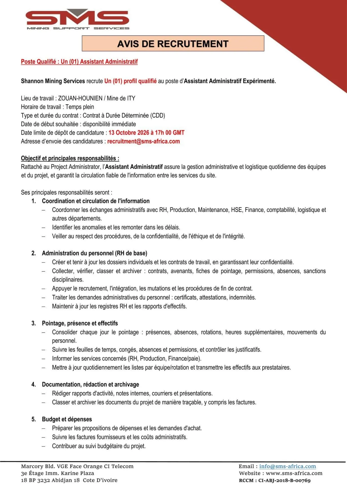 RECRUTEMENT ASSISTANT ADMINISTRATIF (H/F)