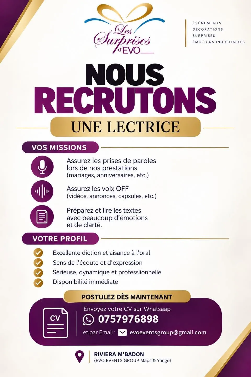 RECRUTEMENT D'UNE LECTRICE (F)