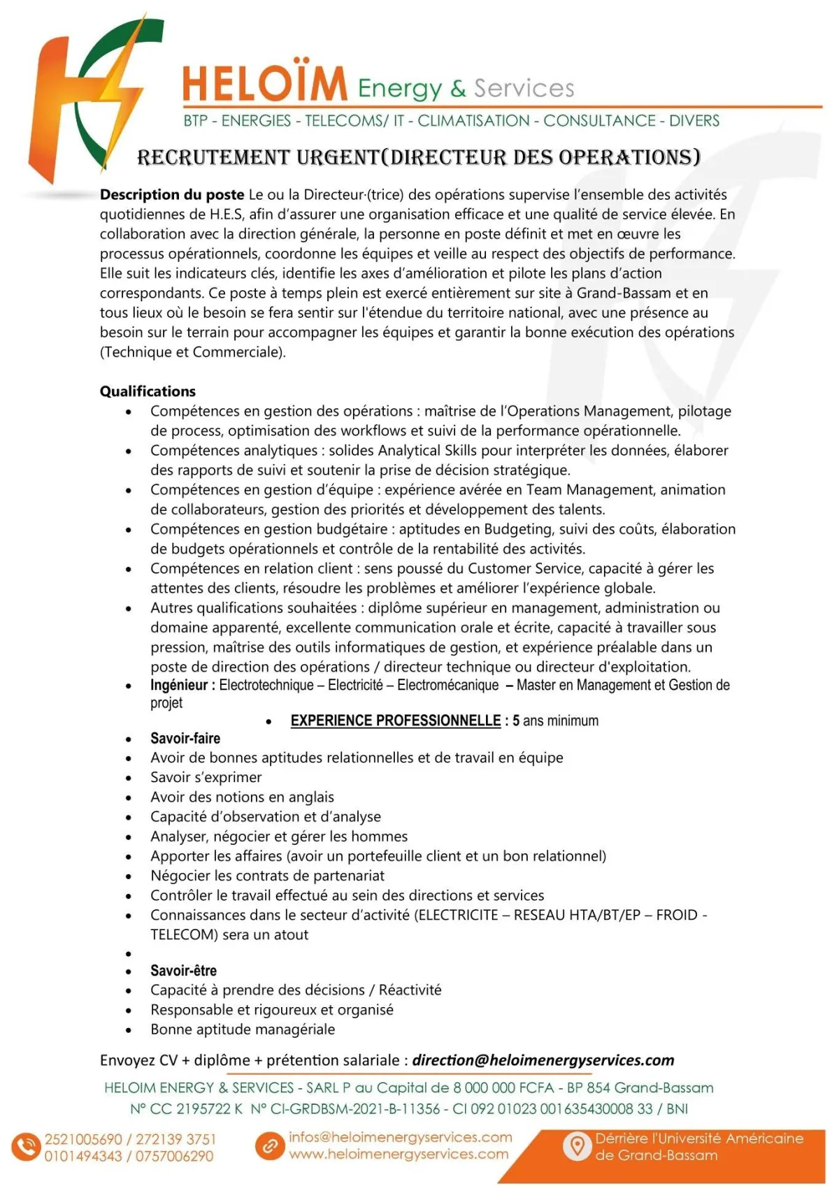 RECRUTEMENT DIRECTEUR DES OPERATIONS (H/F)