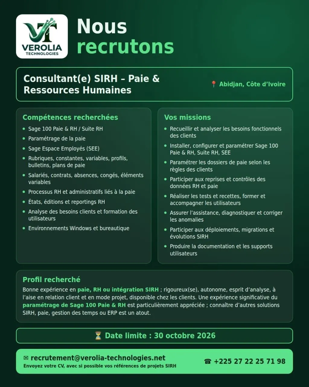 Offre d'emploi CONSULTANT(E) SIRH – PAIE & RESSOURCES HUMAINES
