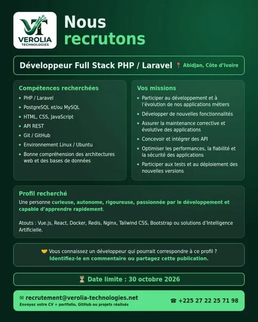 Offre d'emploi RTECRUTEMENT DÉVELOPPEUR FULL STACK PHP / LARAVEL