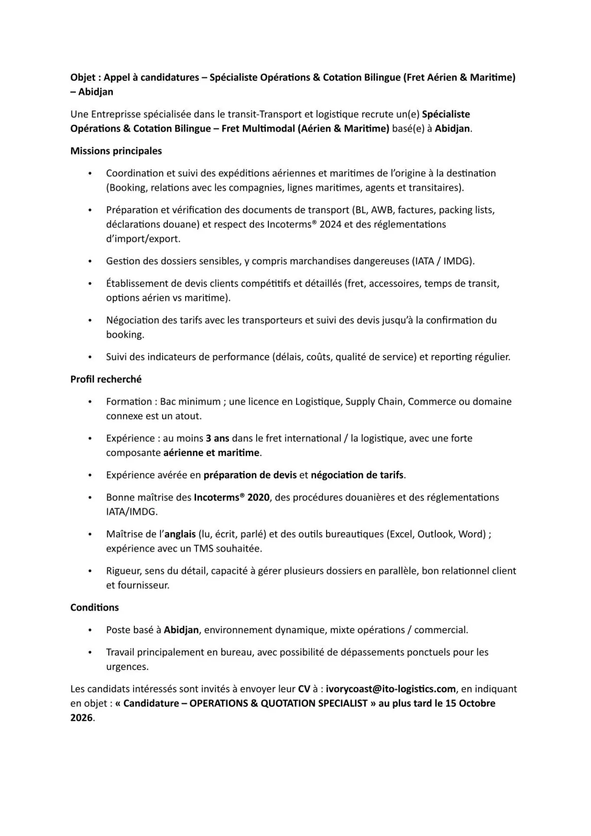 RECRUTEMENT SPECIALISTE OPERATIONS / COTATION BINIGUE