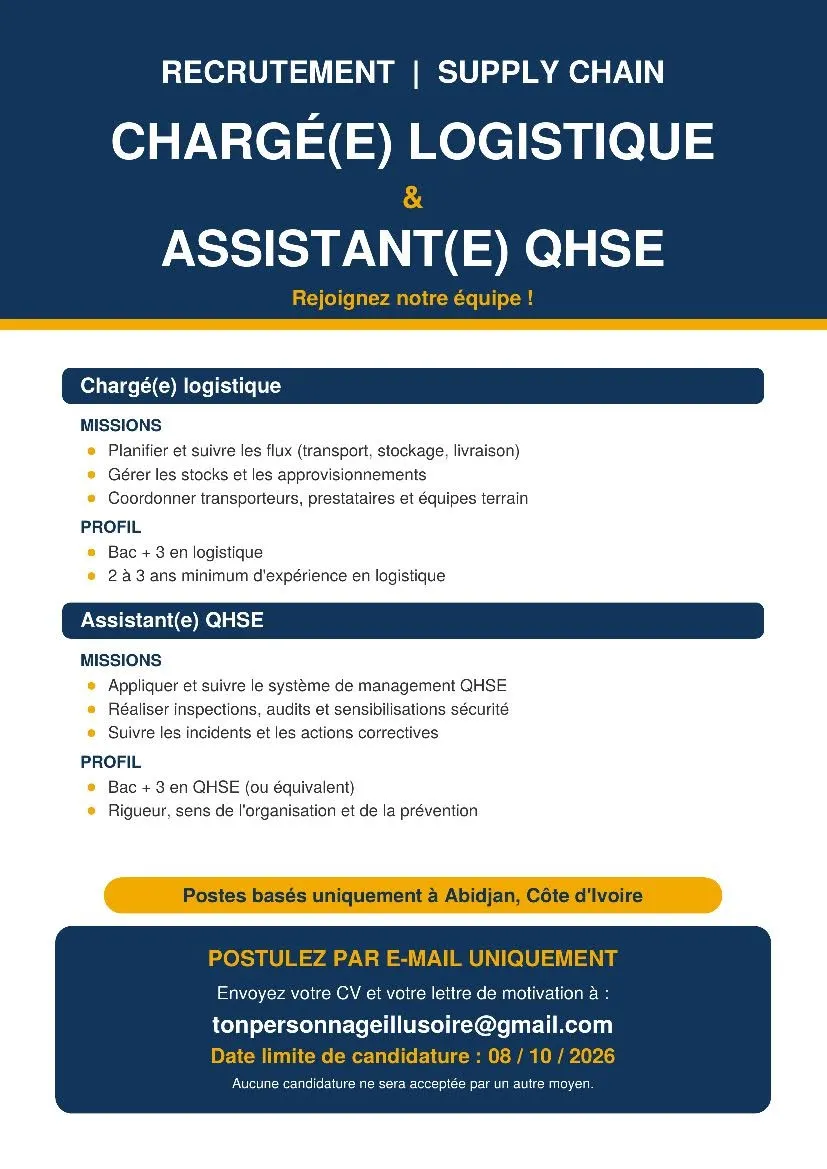 RECRUTEMENT CHARGE LOGISTIQUE / ASSISTANT QHSE