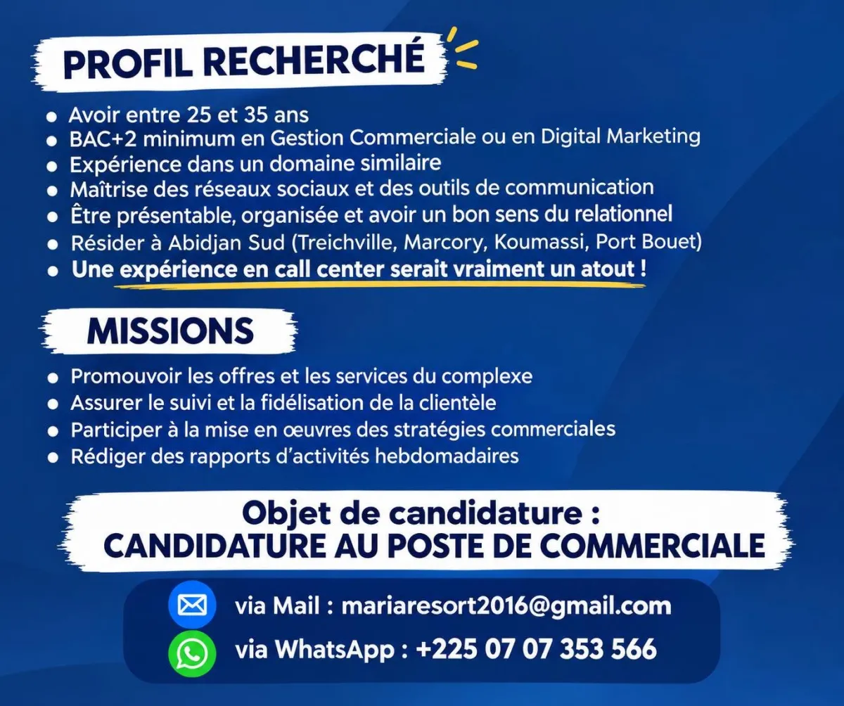 RECRUTEMENT D'UNE COMMERCIALE DYNAMIQUE
