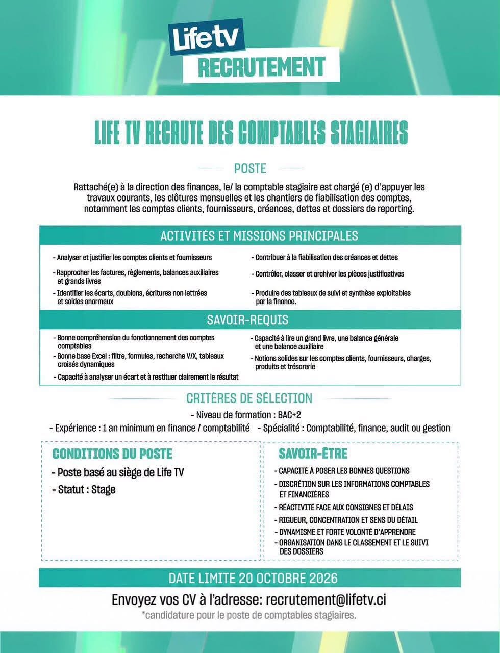 Offre d'emploi RECRUTEMENT DES STAGIAIRE COMPTABLE