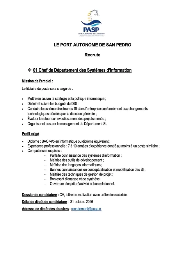 Offre d'emploi RECRUTEMENT CHEF DE DÉPARTEMENT
