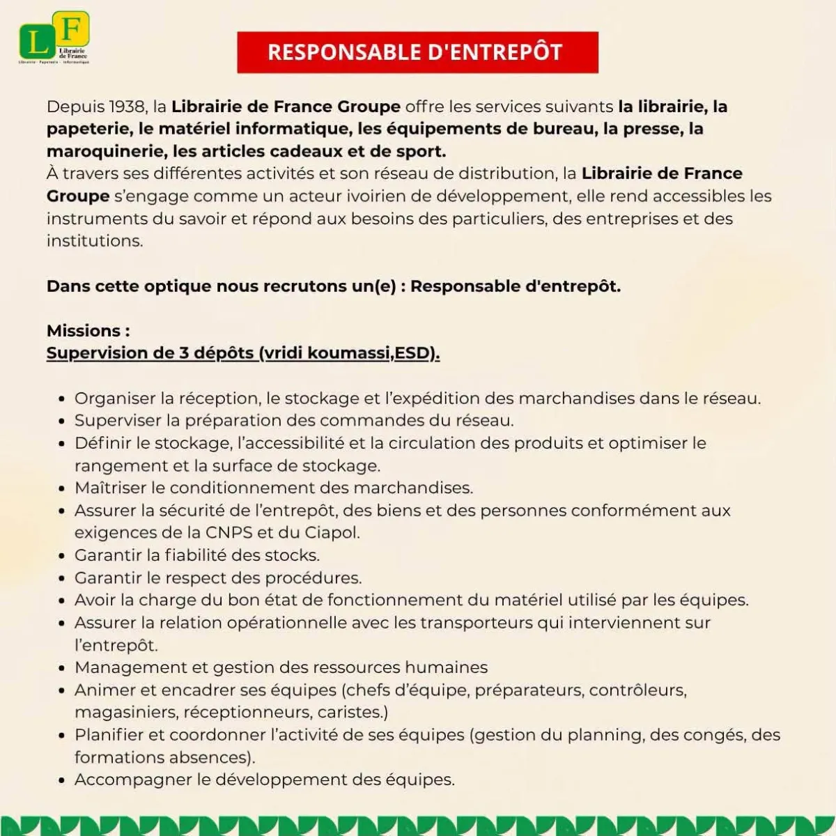 Offre d'emploi RECRUTEMENT RESPONSABLE ENTREPOT (H/F)