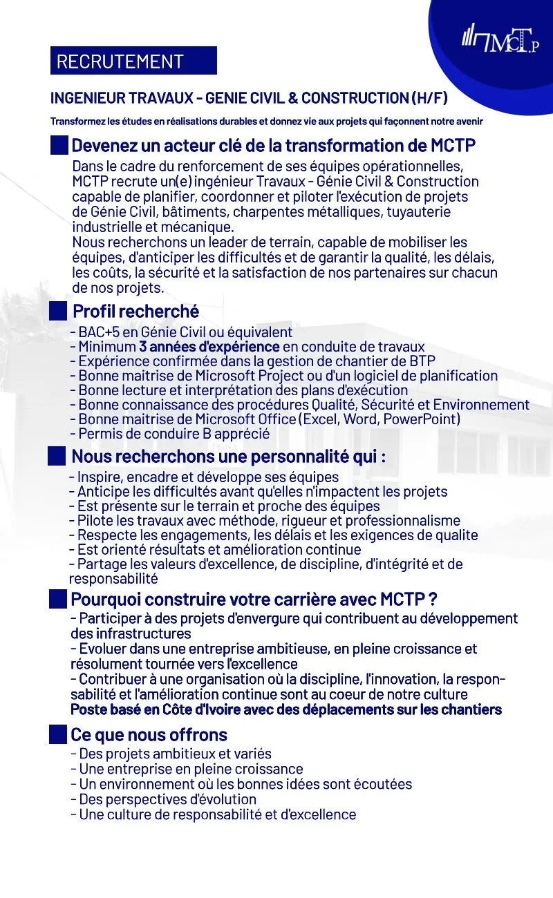 RECRUTEMENT INGENIEUR TRAVAUX - GENIE CIVIL (H/F)
