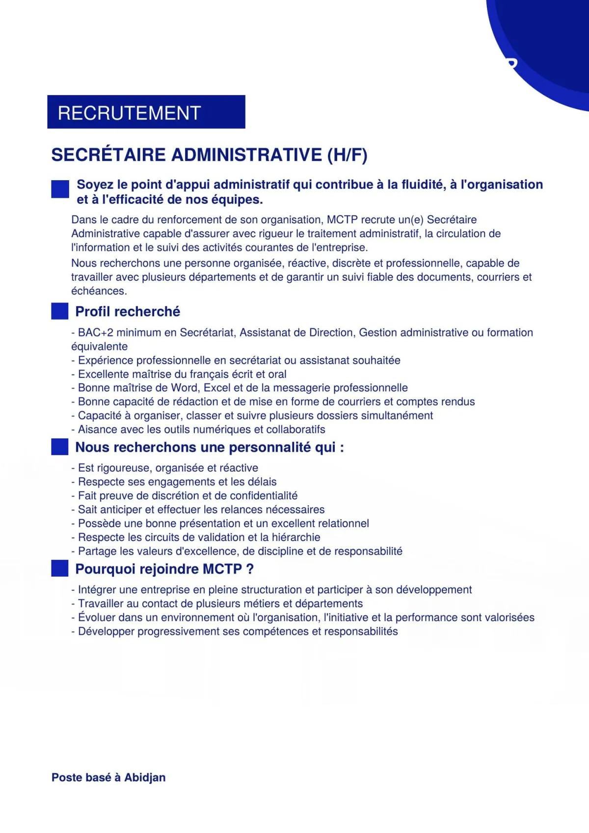 RECRUTEMENT SECRETAIRE ADMINISTRATIF (H/F)
