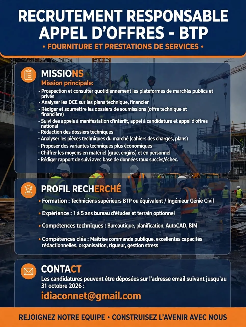 Offre d'emploi RECRUTEMENT RESPONSABLE APPEL D'OFFRES BTP