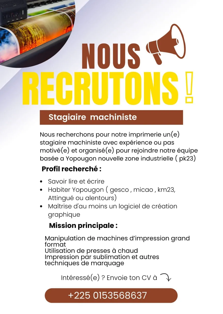 RECRUTEMENT STAGIAIRE MACHINISTE (H/F)