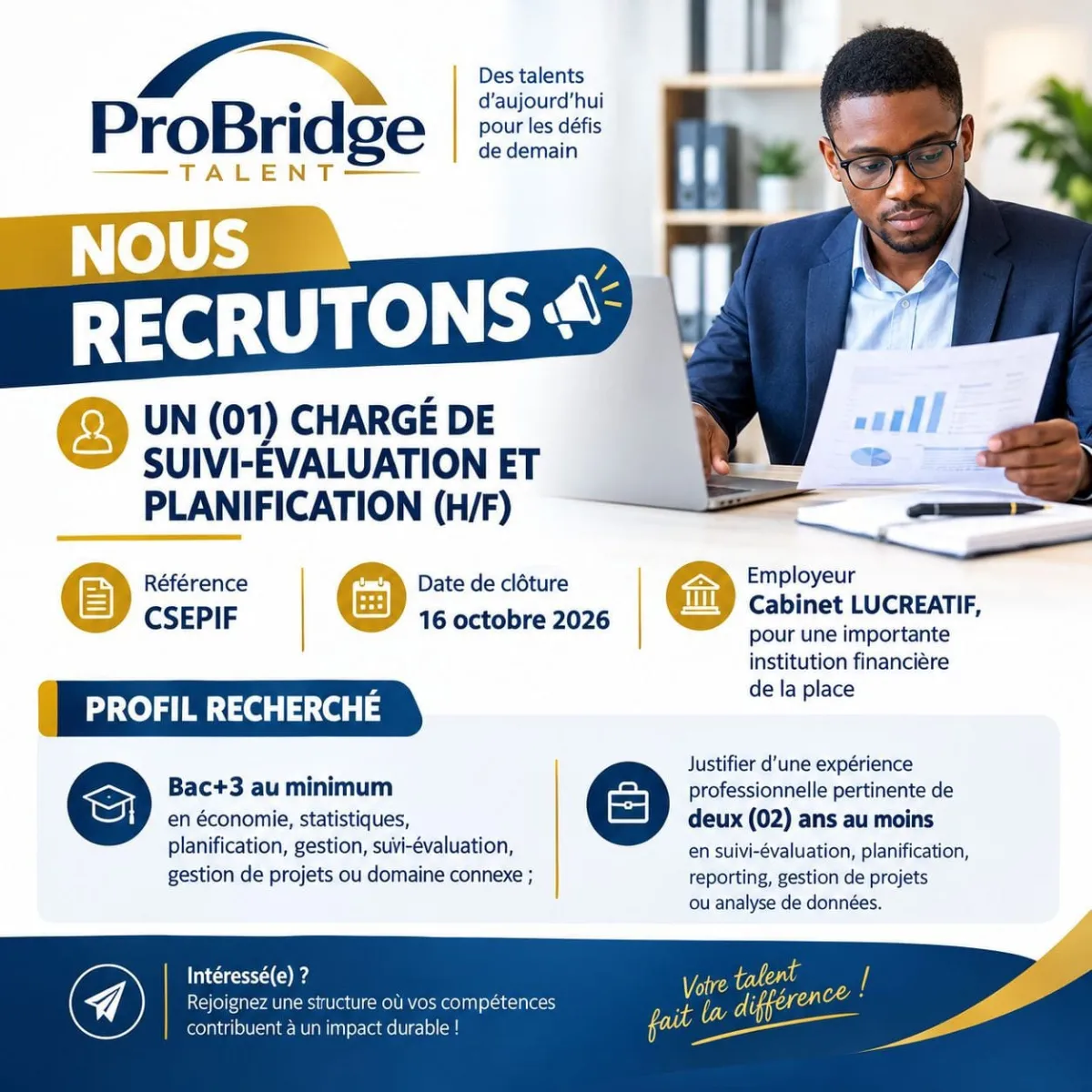 Offre d'emploi RECRUTEMENT CHARGE DE SUIVI-EVALUIATION ET PLANIFICATION
