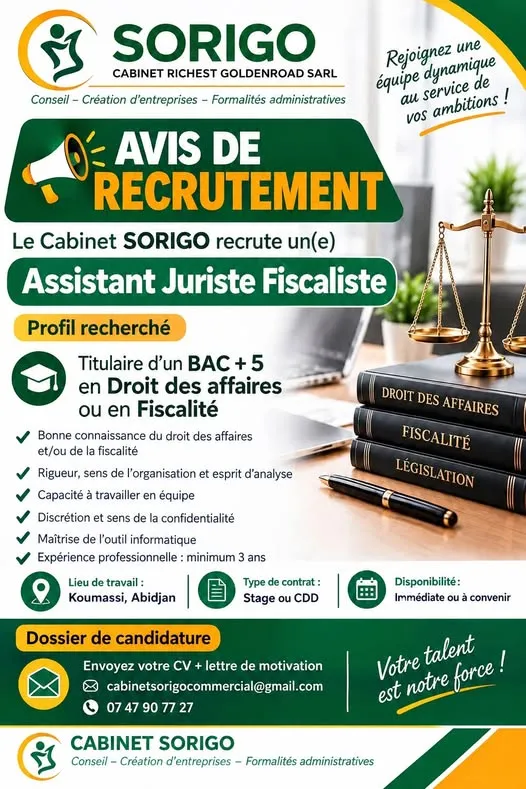 RECRUTEMENT ASSISTANT STAGAIRE JURISTE FISCALITE