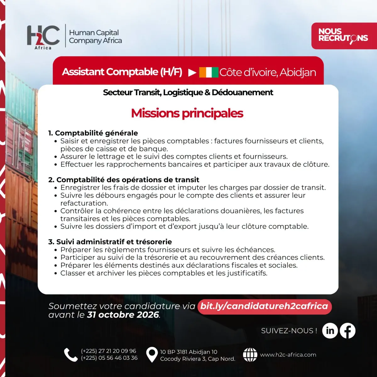 Offre d'emploi RECRUTEMENT ASSISTANT COMPTABLE (H/F)