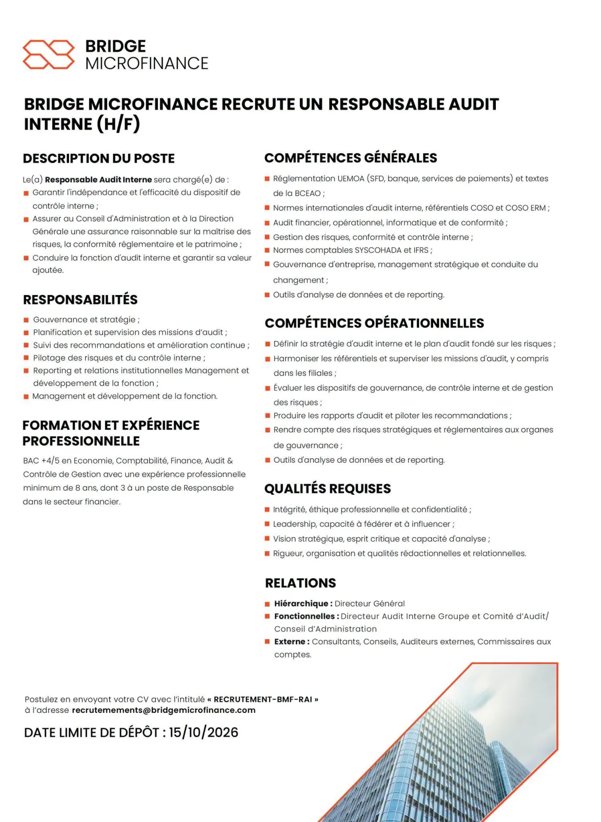 Offre d'emploi RECRUTEMENT RESPONSABLE AUDIT INTERNE