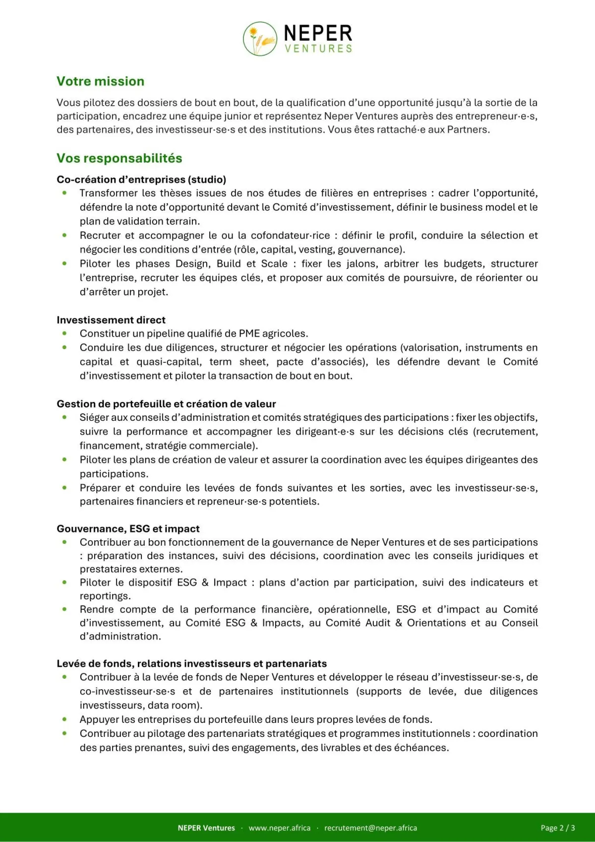 Offre d'emploi RECRUTEMENT PRINCIPAL VENTURE BUILDING