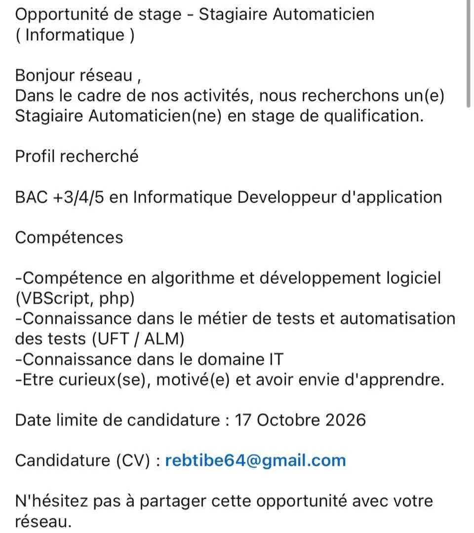Offre d'emploi RECRUTEMENT STAGIAIRE AUTOMATICIEN INFORMATIQUE