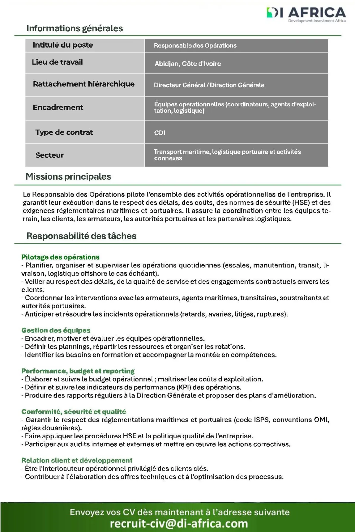 Offre d'emploi RECRUTEMENT RESPOSABLE DES OPERATIONS