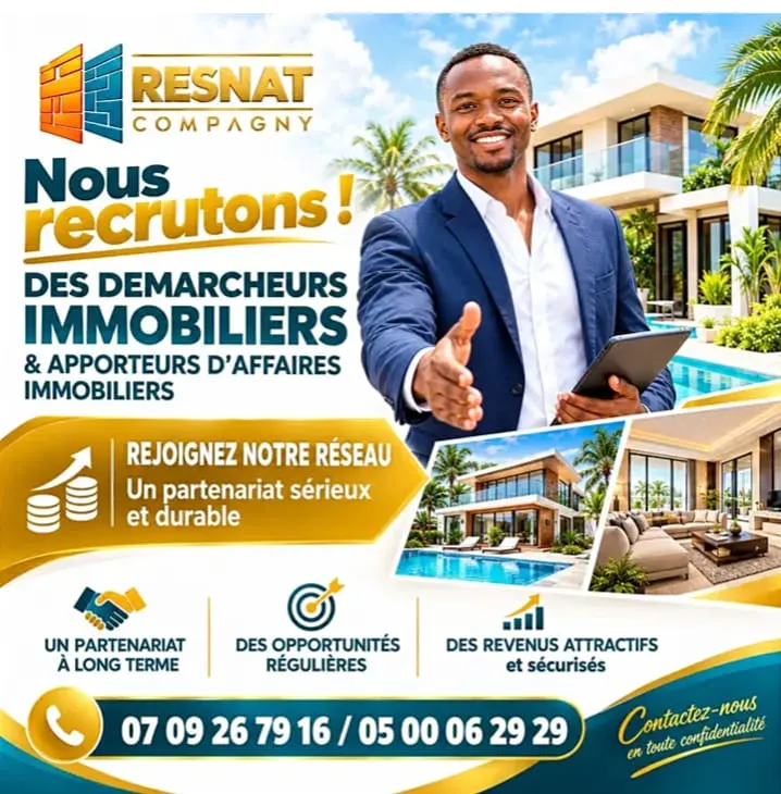 Offre d'emploi RECRUTEMNET DES DEMARCHEUR IMMOBILIER en COTE D'IVOIRE