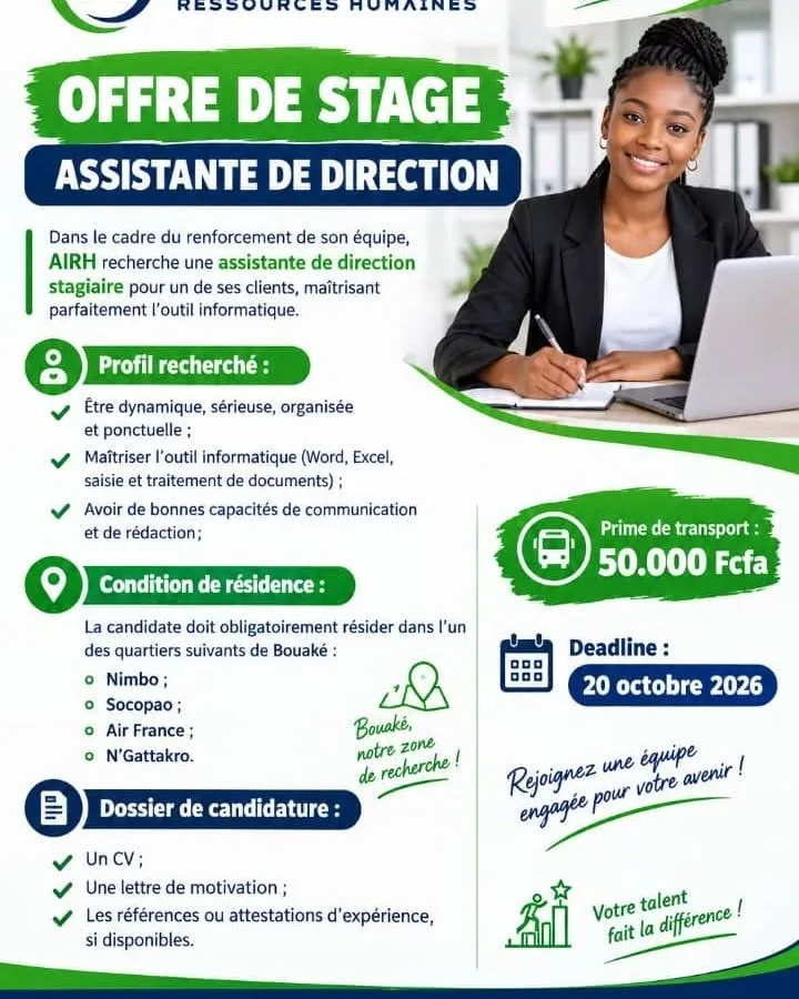 Offre d'emploi ASSISTANTE DE DIRECTION STAGIAIRE