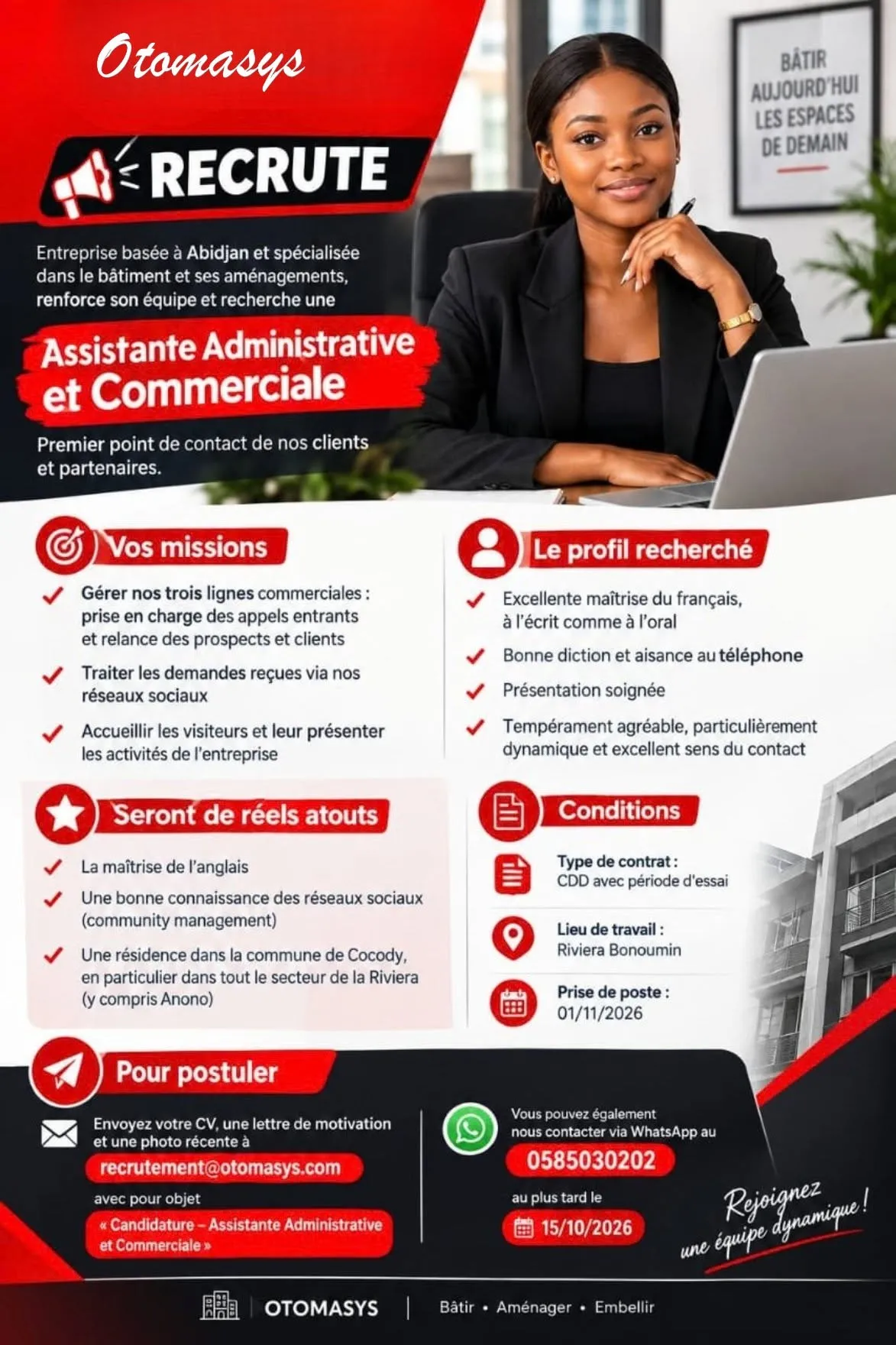Offre d'emploi RECRUTEMENT ASSISTANT ADMINISTRATIVE ET COMMERCIALE
