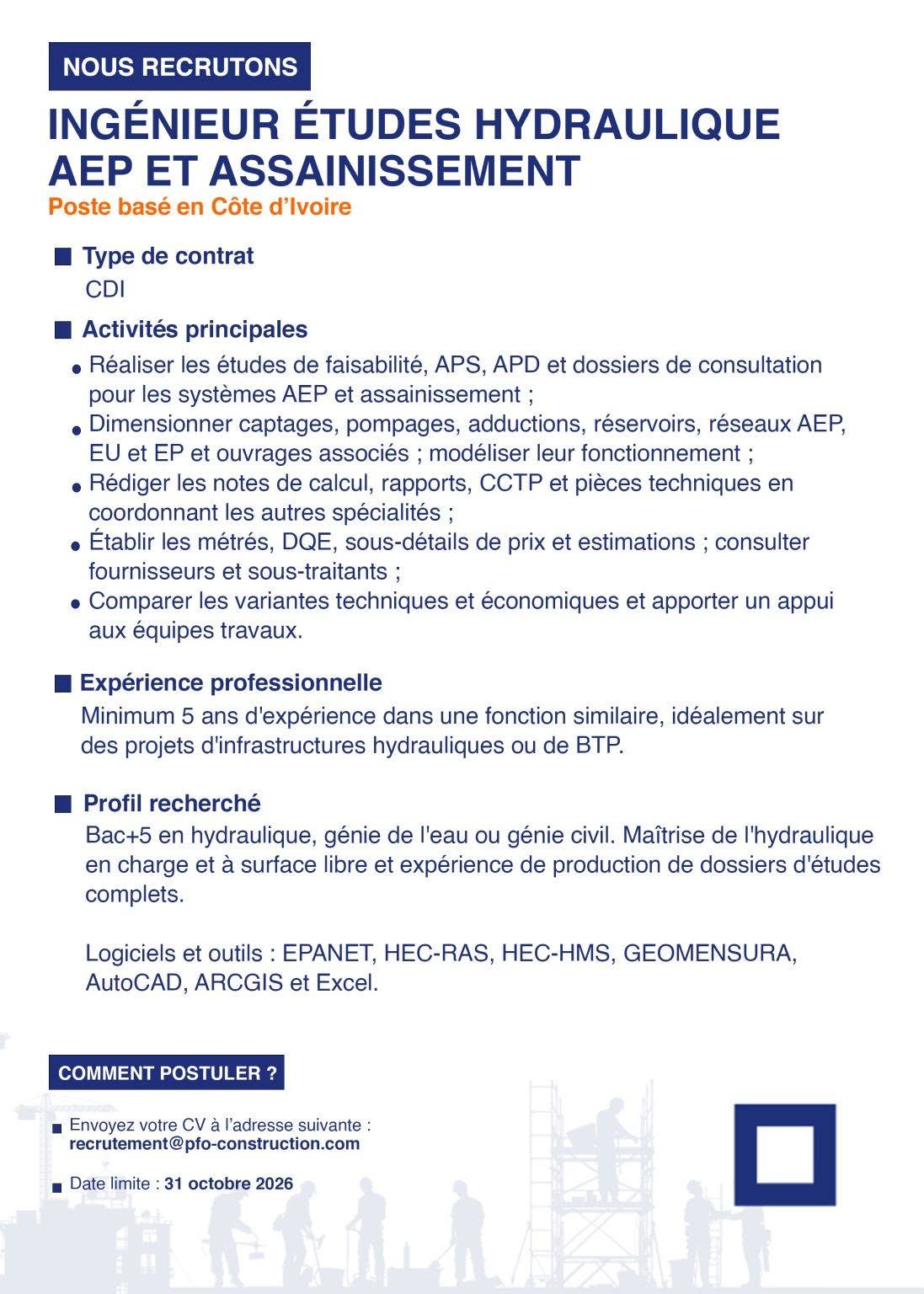 Offre d'emploi INGÉNIEUR ÉTUDES HYDRAULIQUE AEP & ASSAINISSEMENT (H/F)
