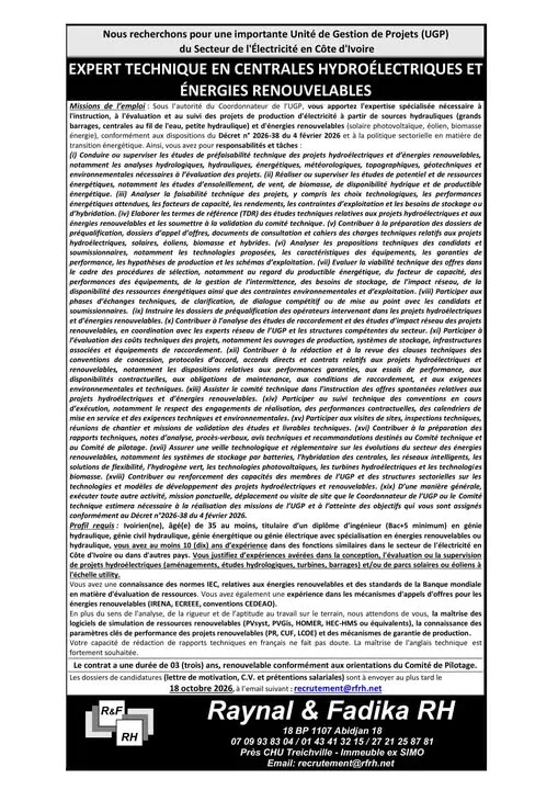 Offre d'emploi EXPERT TECHNIQUE EN CENTRALES HYDROÉLECTRIQUES ET ÉNERGIES RENOUVELABLES