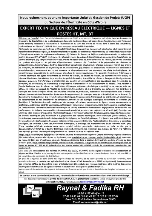 Offre d'emploi EXPERT TECHNIQUE EN RÉSEAU ÉLECTRIQUE — LIGNES ET POSTES HT, MT, BT