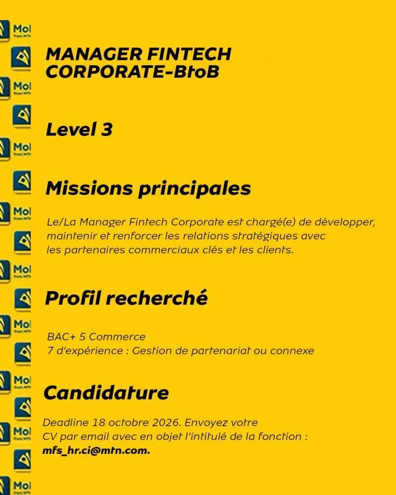 Offre d'emploi RECRUTEMEN MANAGER FINTECH CORPORATE-BtoB