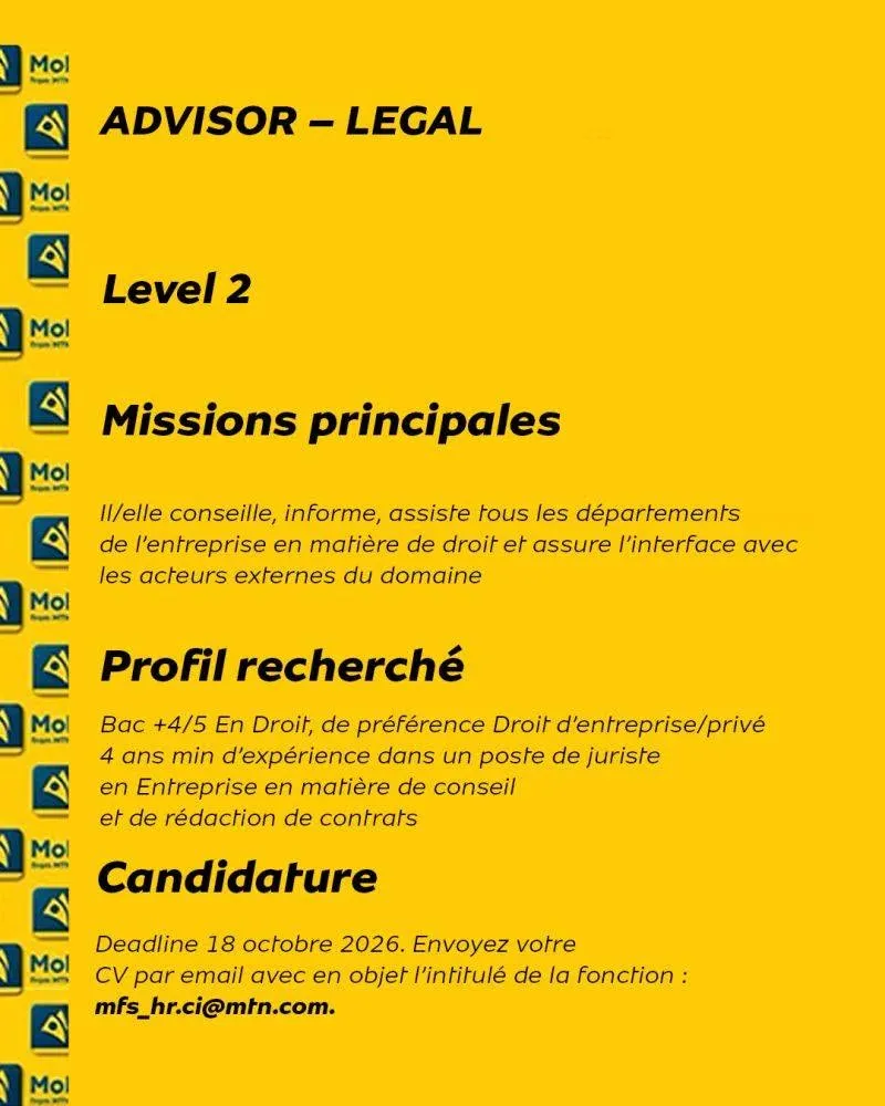 Offre d'emploi RECRUTEMEN DE ADVISOR – LEGAL