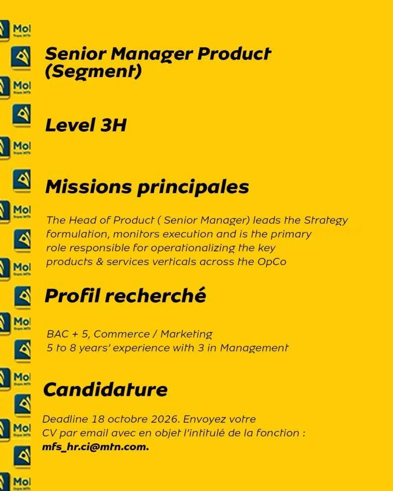 Offre d'emploi RECRUTEMENT SENIOR MANAGER PRODUCT