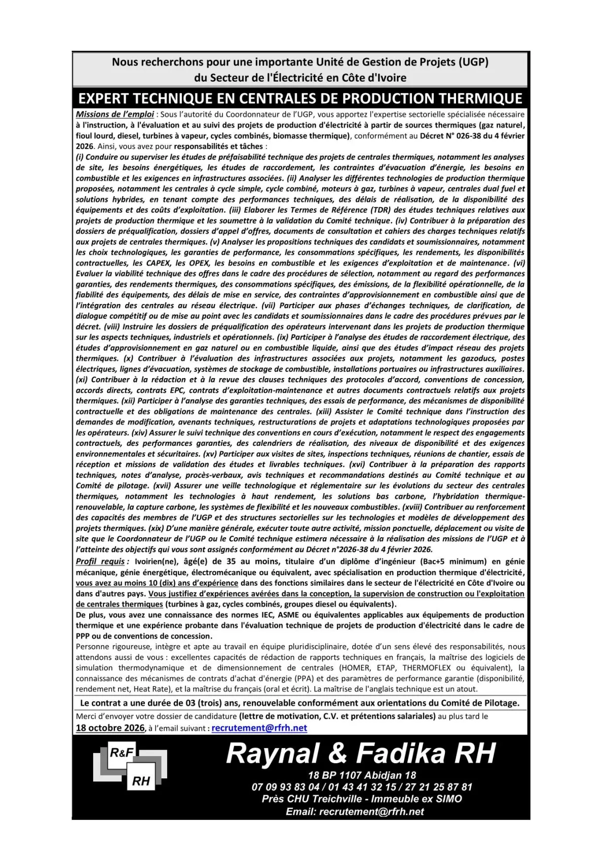 Offre d'emploi EXPERT TECHNIQUE EN CENTRALES DE PRODUCTION THERMIQ