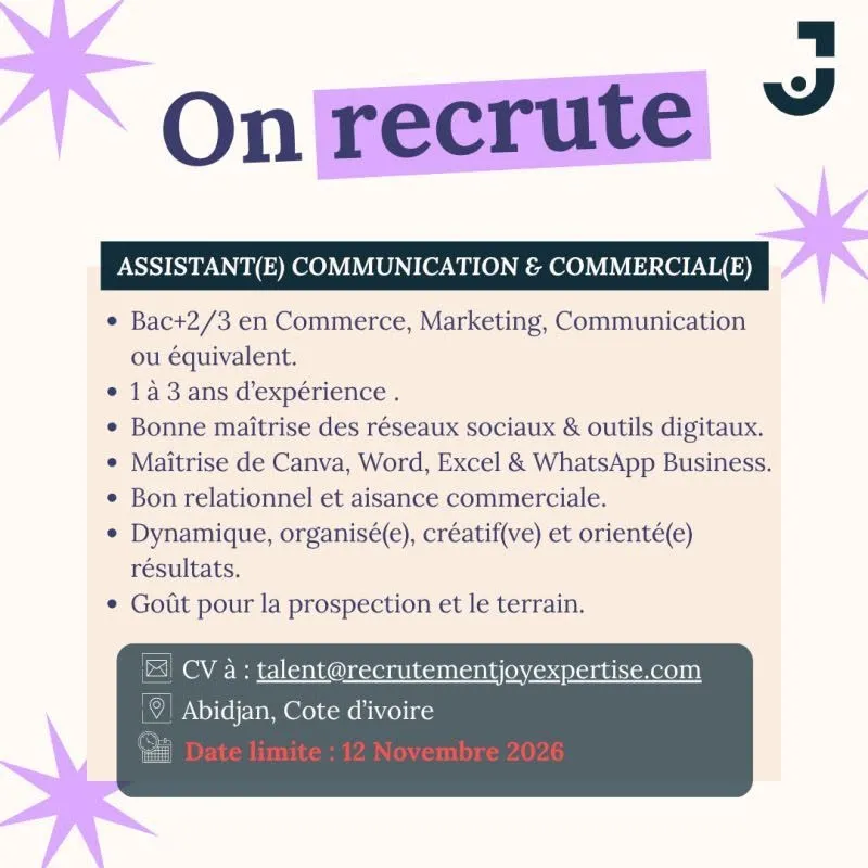 Offre d'emploi RECRUTEMENT ASSISTANT(E) COMMUNICATION & COMMERCIAL(E)