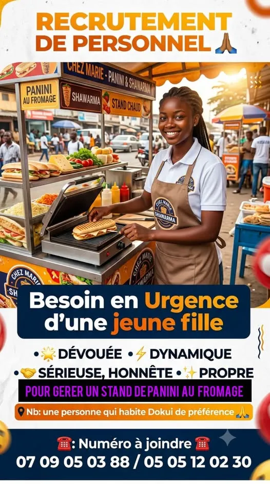 Offre d'emploi RECRUTEMENT D'UNE VENDEUSE DE PANINI