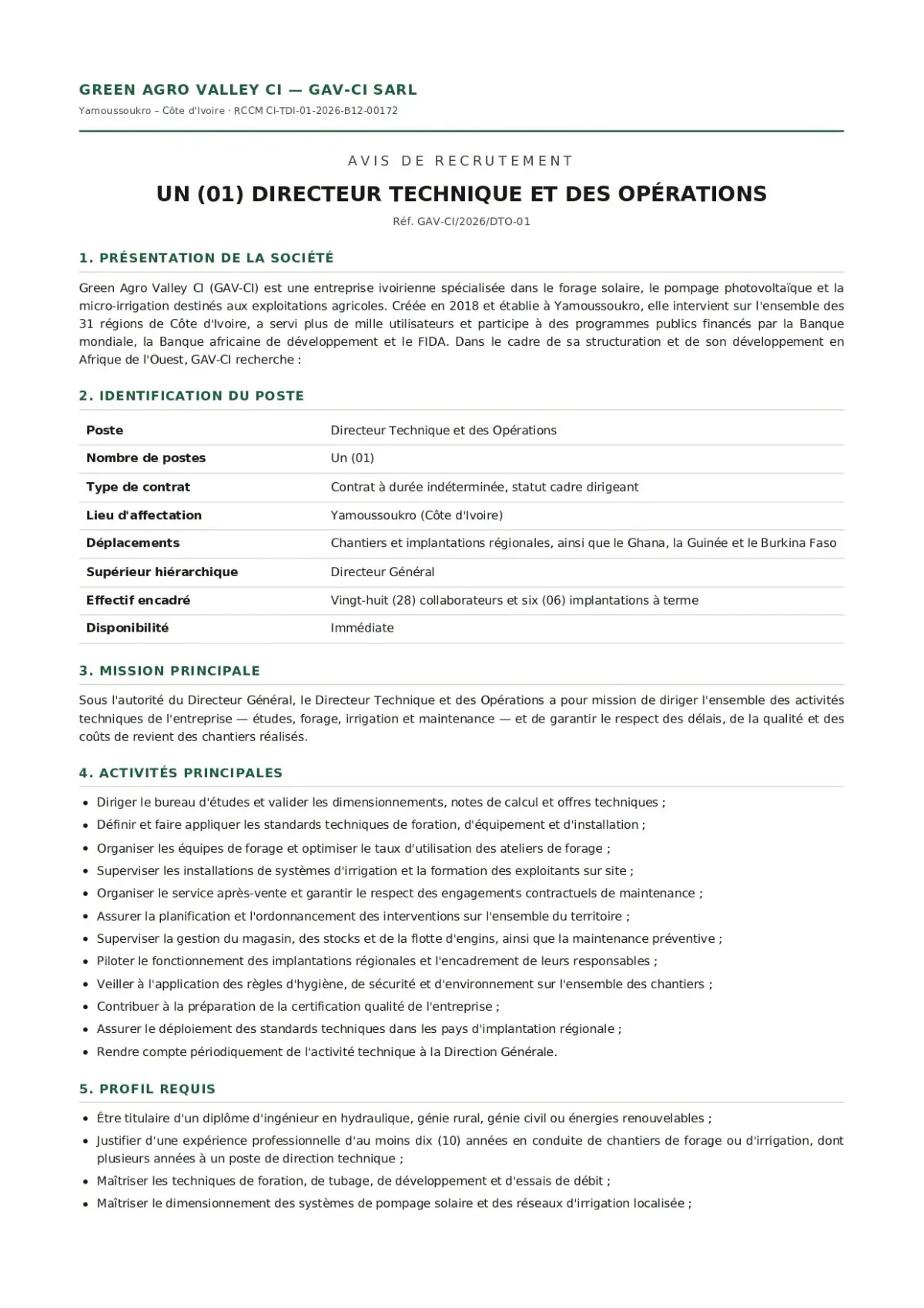 Offre d'emploi RECRUTEMENT DIRECTEUR TECHNIQUE ET DES OPERATIONS (H/F)