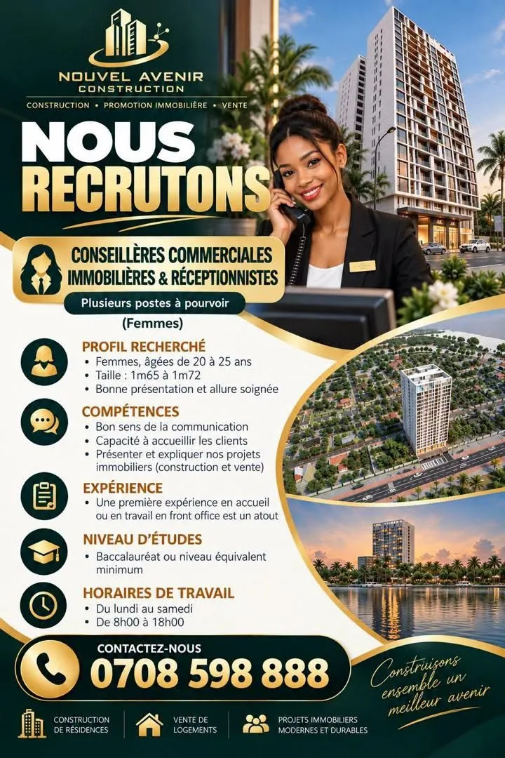 Offre d'emploi RECRUTEMENT CONSEILLERES COMMERCIALES IMMOBILIERE
