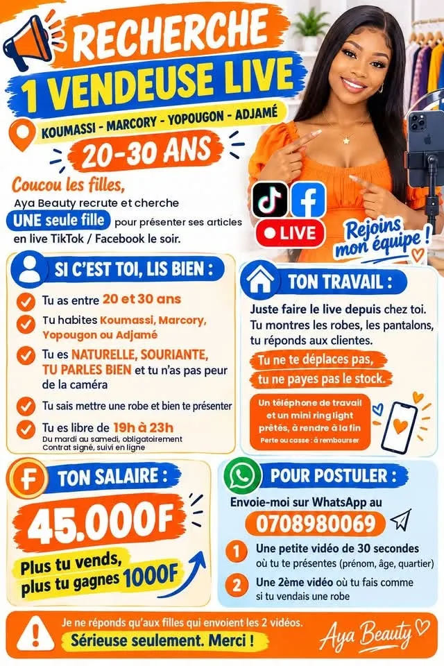 Offre d'emploi RECRUTEMENT D'UNE VENDEUSE LIVE