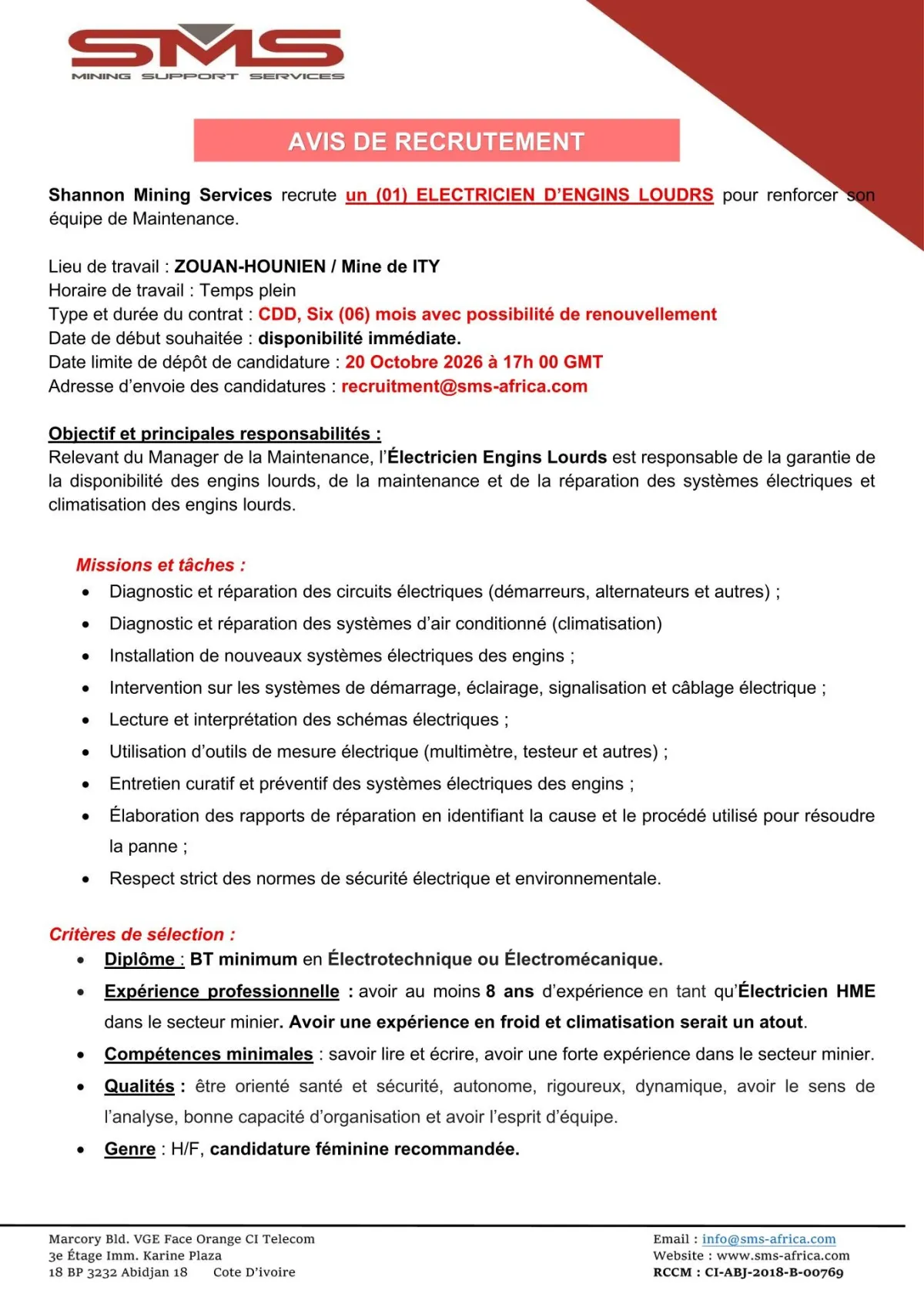 RECRUTEMENT ELETRICIEN D'ENGIN LOURDS