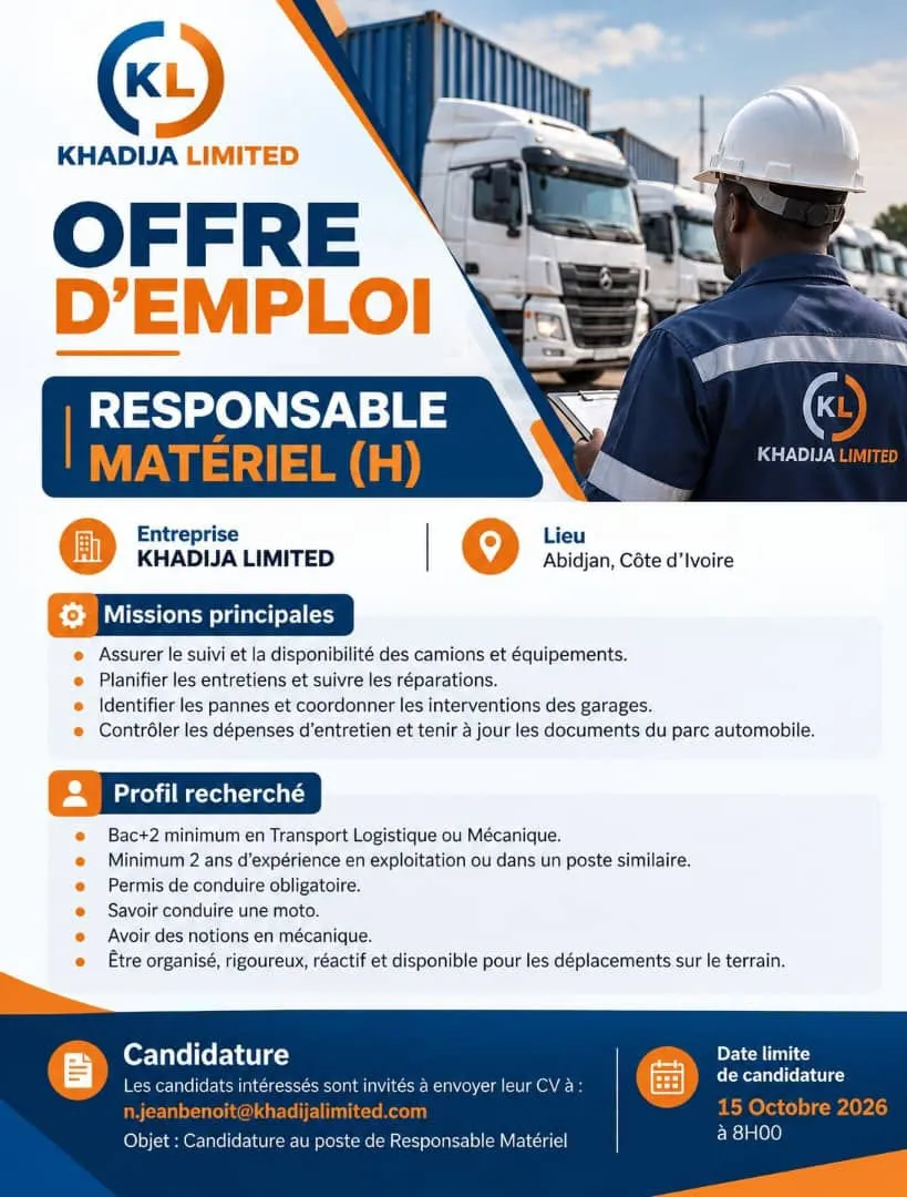 Offre d'emploi RECRUTEMENT RESPONSABLE MATERIEL (H)