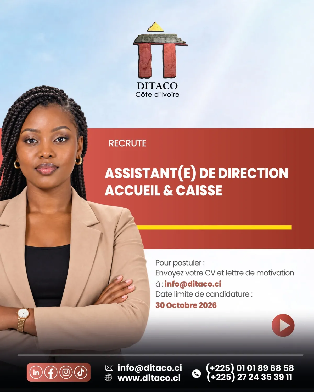 RECRUTEMENT ASSISTANTE ADMINISTRATIVE CAISSE ACCUEIL -  - ABIDJAN