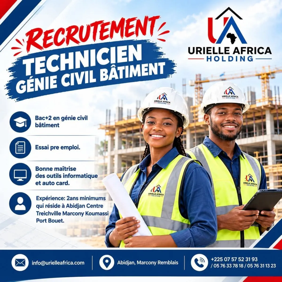Offre emploi RECRUTEMENT TECHNICIEN GENIE CIVIL BATIMENT à ABIDJAN