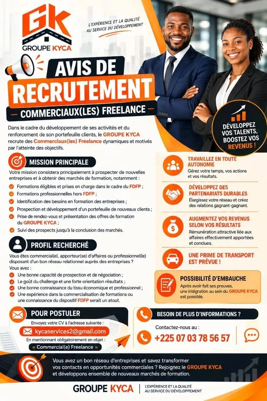 RECRUTEMENT DE COMMERCIAL FREELANCE -  - ABIDJAN