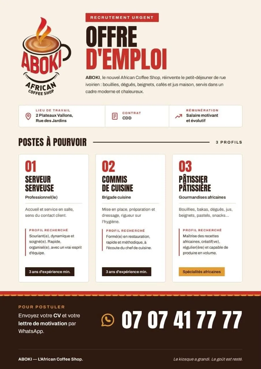 Offre emploi RESTAU RECRUTE PLUSIEURS POSTE à ABIDJAN